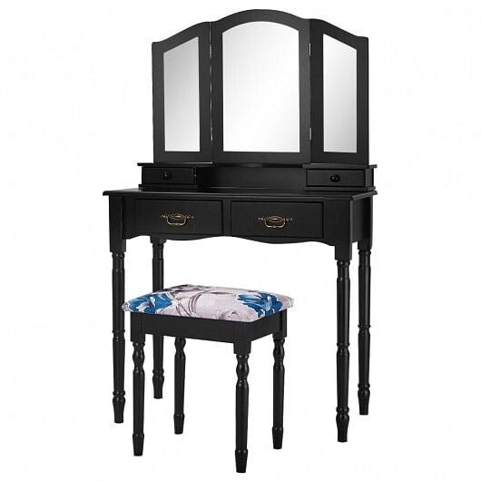 White makeup vanity set with tri-fold mirror, four storage drawers, and cushioned floral seating stool — view 2