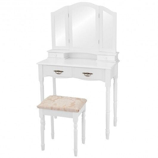 White makeup vanity set with tri-fold mirror, four storage drawers, and cushioned floral seating stool