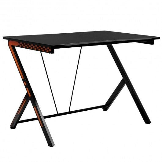 Modern ergonomic computer desk featuring a compact steel frame and curved wooden desktop