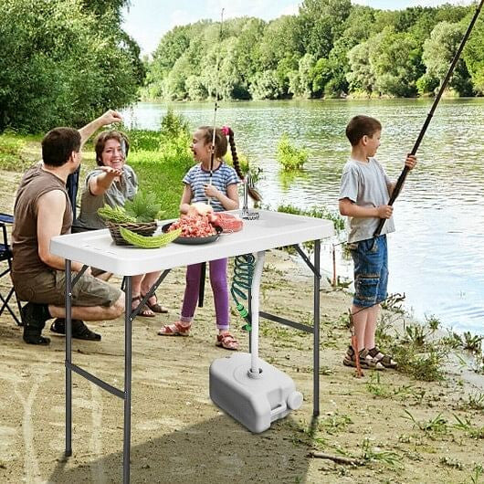 Folding camping cleaning table with integrated sink, extending sprayer, and durable white plastic workspace surface. — view 5