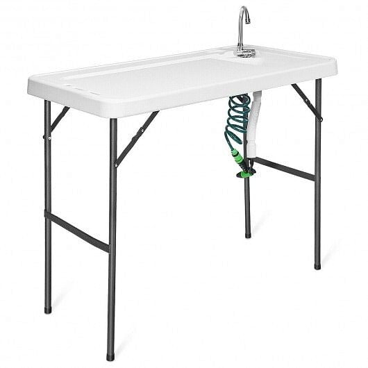 Folding camping cleaning table with integrated sink, extending sprayer, and durable white plastic workspace surface. — view 6