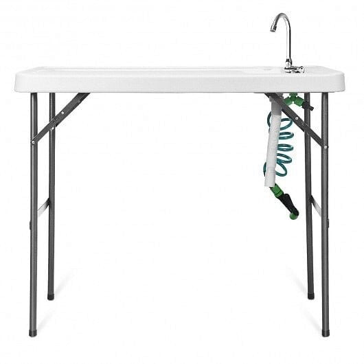 Folding camping cleaning table with integrated sink, extending sprayer, and durable white plastic workspace surface. — view 4