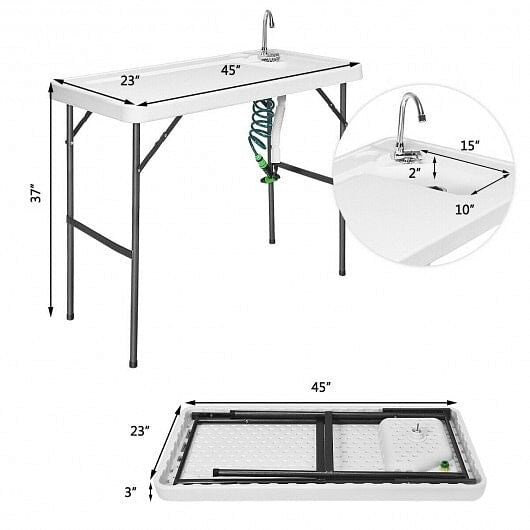 Folding camping cleaning table with integrated sink, extending sprayer, and durable white plastic workspace surface. — view 2