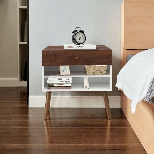 Mid-century modern engineered wood nightstand with single drawer and tapered rubber wood legs.