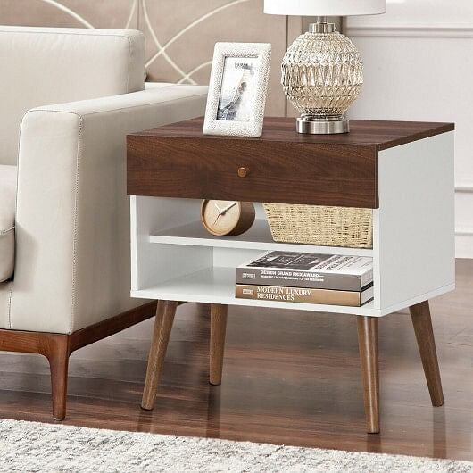 Mid-century modern engineered wood nightstand with single drawer and tapered rubber wood legs. — view 2