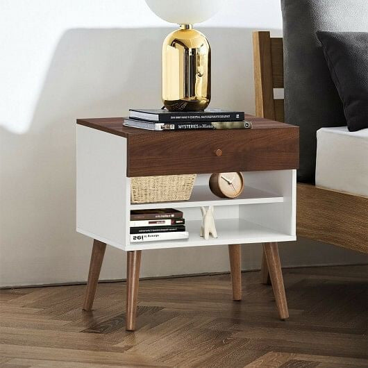 Mid-century modern engineered wood nightstand with single drawer and tapered rubber wood legs. — view 3