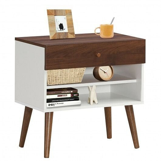 Mid-century modern engineered wood nightstand with single drawer and tapered rubber wood legs. — view 4