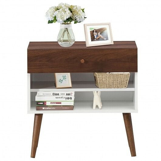 Mid-century modern engineered wood nightstand with single drawer and tapered rubber wood legs. — view 5