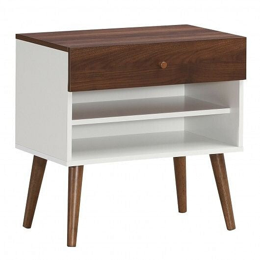 Mid-century modern engineered wood nightstand with single drawer and tapered rubber wood legs. — view 6