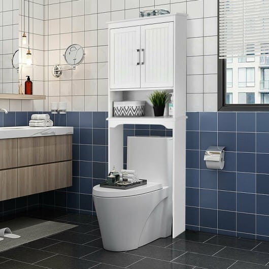 Over toilet bathroom storage organizer cabinet with adjustable interior shelf and open display compartment