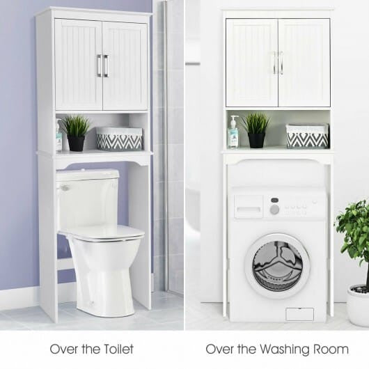 Over toilet bathroom storage organizer cabinet with adjustable interior shelf and open display compartment — view 2