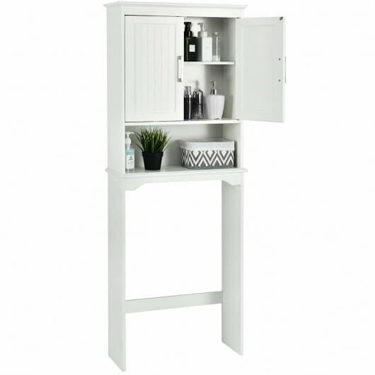 Over toilet bathroom storage organizer cabinet with adjustable interior shelf and open display compartment — view 3
