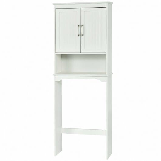 Over toilet bathroom storage organizer cabinet with adjustable interior shelf and open display compartment — view 6