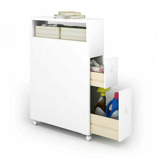 Slim bathroom storage cabinet in white with two slide out drawers and rolling caster wheels — view 4
