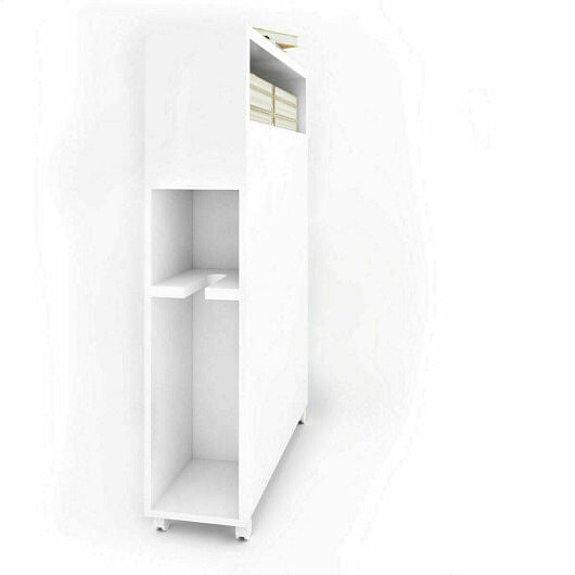 Slim bathroom storage cabinet in white with two slide out drawers and rolling caster wheels — view 5