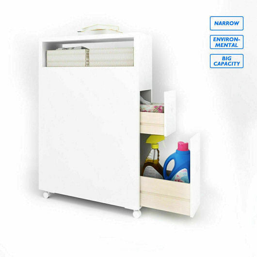 Slim bathroom storage cabinet in white with two slide out drawers and rolling caster wheels — view 3