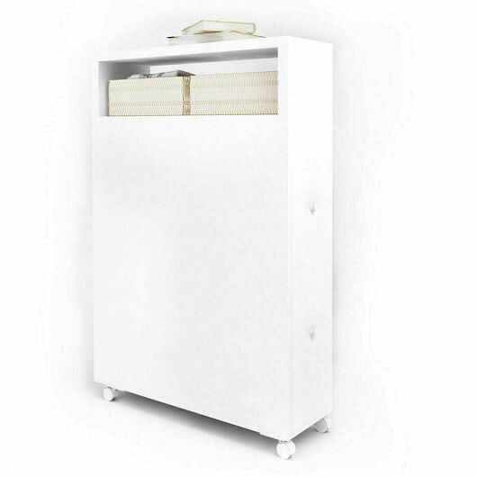 Slim bathroom storage cabinet in white with two slide out drawers and rolling caster wheels
