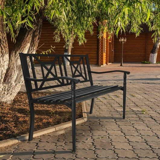Black powder coated steel patio garden bench with elegant front legs and slatted backrest.