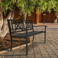 Black powder coated steel patio garden bench with elegant front legs and slatted backrest.