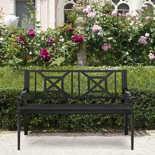 Black powder coated steel patio garden bench with elegant front legs and slatted backrest. — view 4