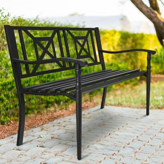 Black powder coated steel patio garden bench with elegant front legs and slatted backrest. — view 5