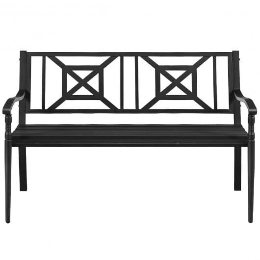 Black powder coated steel patio garden bench with elegant front legs and slatted backrest. — view 6
