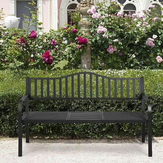 Black steel patio garden bench with a foldable center coffee table and curved ergonomic armrests. — view 3