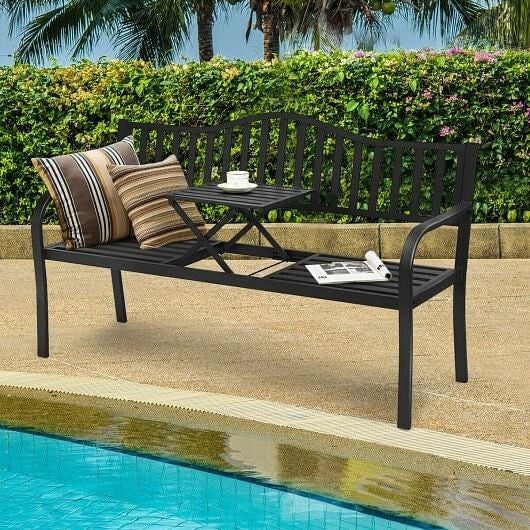 Black steel patio garden bench with a foldable center coffee table and curved ergonomic armrests. — view 5