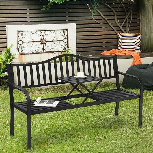 Black steel patio garden bench with a foldable center coffee table and curved ergonomic armrests. — view 6