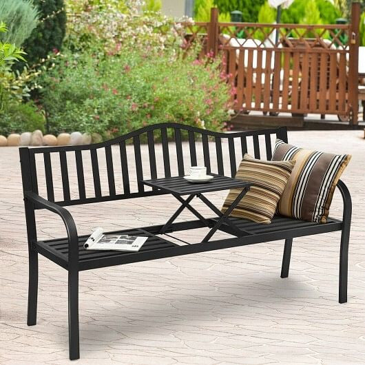 Black steel patio garden bench with a foldable center coffee table and curved ergonomic armrests. — view 4