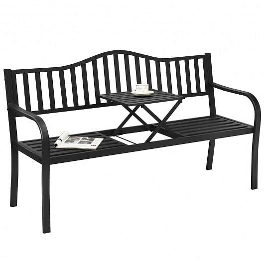 Black steel patio garden bench with a foldable center coffee table and curved ergonomic armrests. — view 2