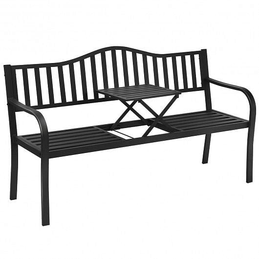 Black steel patio garden bench with a foldable center coffee table and curved ergonomic armrests.
