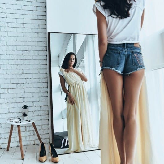 59-inch full length golden mirror with aluminum frame leaning against a modern bedroom wall — view 4
