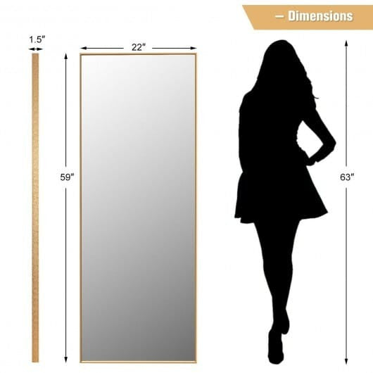 59-inch full length golden mirror with aluminum frame leaning against a modern bedroom wall — view 6