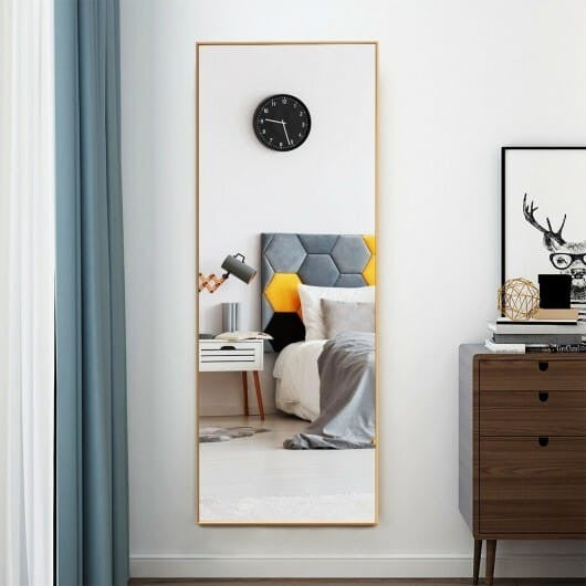 59-inch full length golden mirror with aluminum frame leaning against a modern bedroom wall — view 8