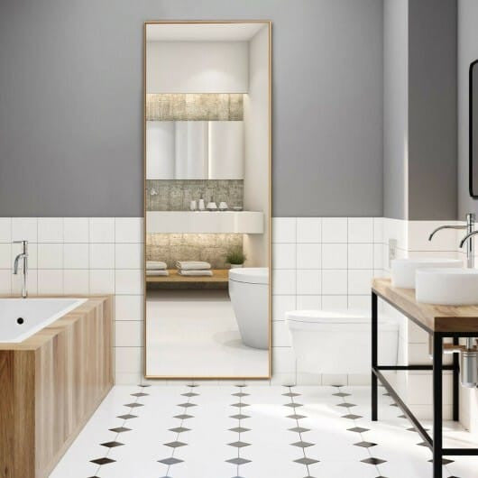 59-inch full length golden mirror with aluminum frame leaning against a modern bedroom wall — view 9