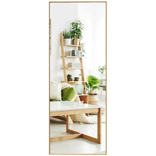 59-inch full length golden mirror with aluminum frame leaning against a modern bedroom wall — view 10