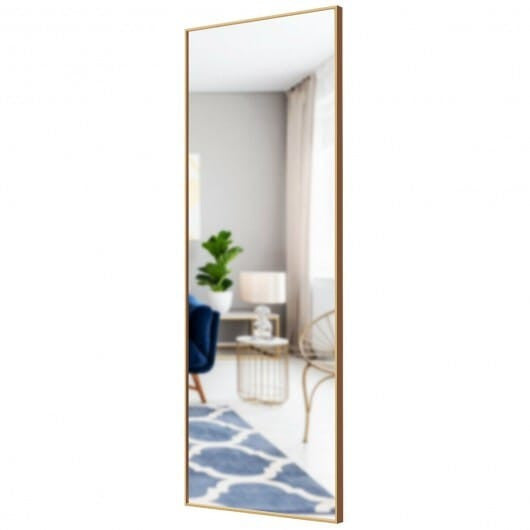 59-inch full length golden mirror with aluminum frame leaning against a modern bedroom wall — view 11