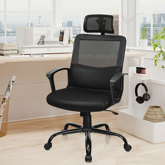 High back mesh ergonomic office chair in black with adjustable headrest and smooth swivel casters — view 2