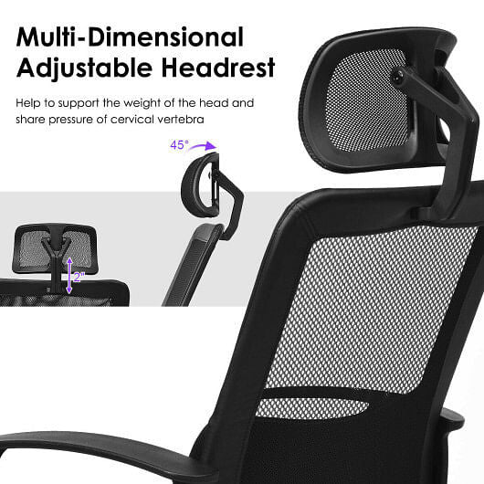 High back mesh ergonomic office chair in black with adjustable headrest and smooth swivel casters — view 3