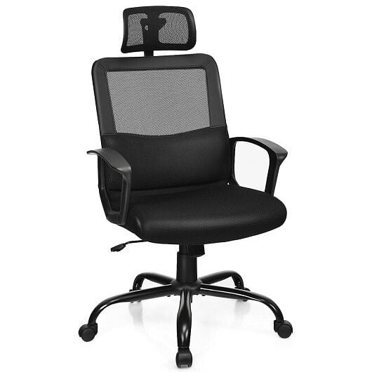 High back mesh ergonomic office chair in black with adjustable headrest and smooth swivel casters