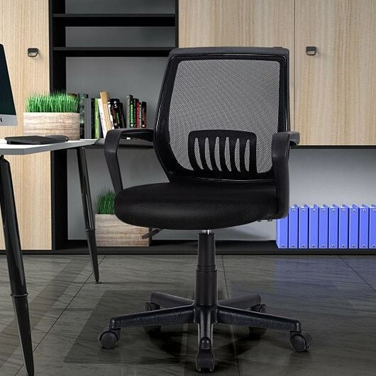 Black mid-back mesh executive office chair with adjustable height and ergonomic lumbar support. — view 2