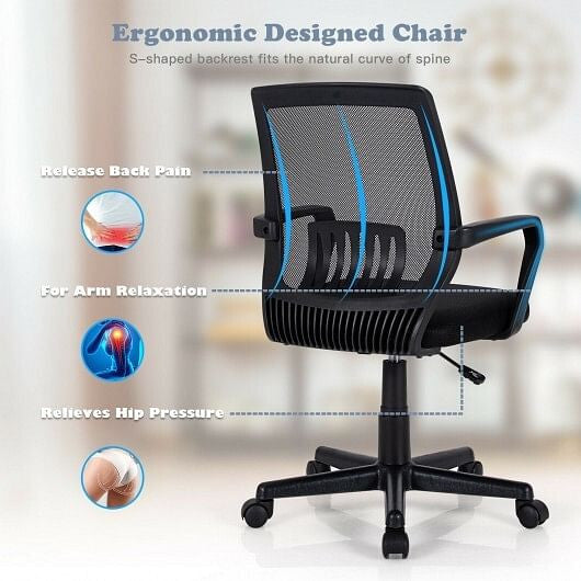 Black mid-back mesh executive office chair with adjustable height and ergonomic lumbar support. — view 3