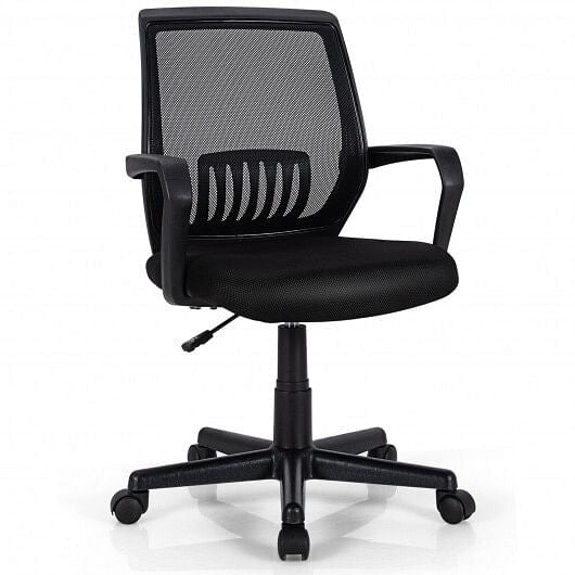 Black mid-back mesh executive office chair with adjustable height and ergonomic lumbar support.