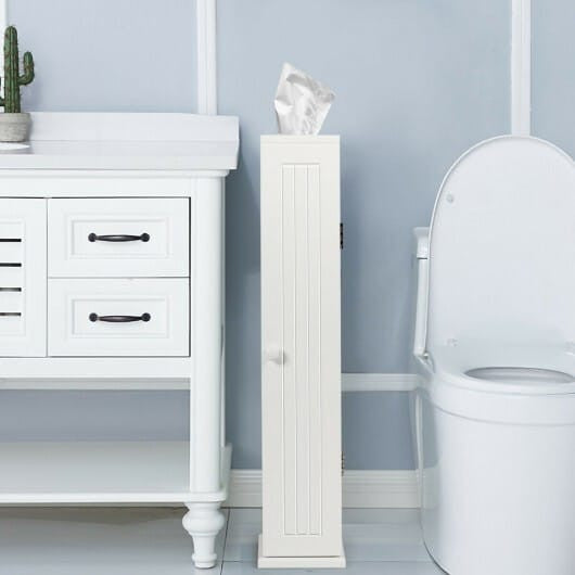 White free standing toilet paper holder cabinet with four shelves and top slot dispensing mechanism