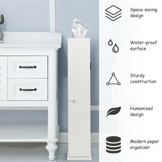 White free standing toilet paper holder cabinet with four shelves and top slot dispensing mechanism — view 2