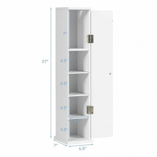 White free standing toilet paper holder cabinet with four shelves and top slot dispensing mechanism — view 3