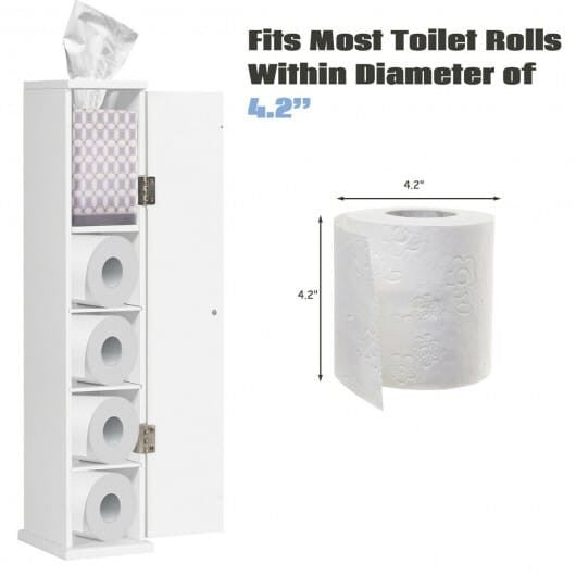 White free standing toilet paper holder cabinet with four shelves and top slot dispensing mechanism — view 4