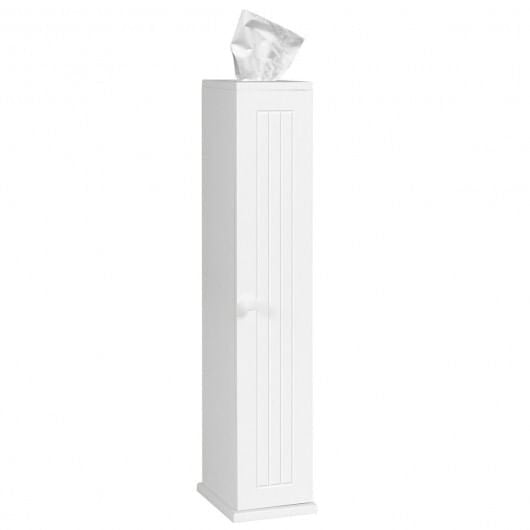 White free standing toilet paper holder cabinet with four shelves and top slot dispensing mechanism — view 5