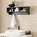 Black wall mounted cubby organizer shelf with four hanging hooks and premium painted wood finish